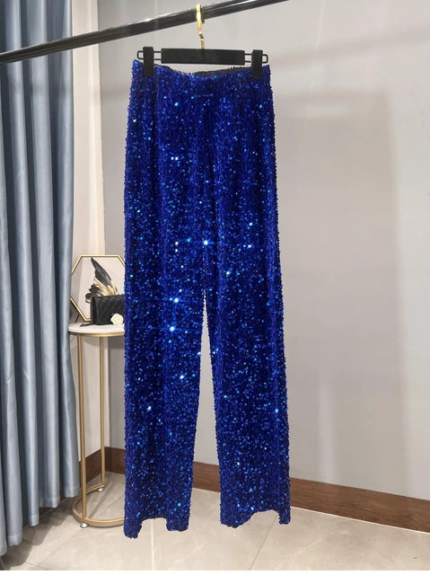 Velvet Sequined Leggings with Elongated Pendants Are Slim and Sparkly Casual Straight Leg Pants for Women