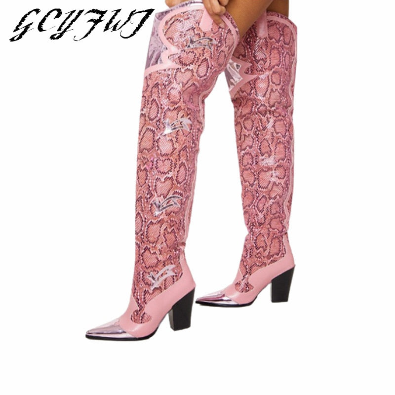 Women's Over-the-knee Boots Winter Pointed Toe Crude Heel Slip-on Botas Mujer Fashion Pink Snake Skin Hand-made Sexy Shoes