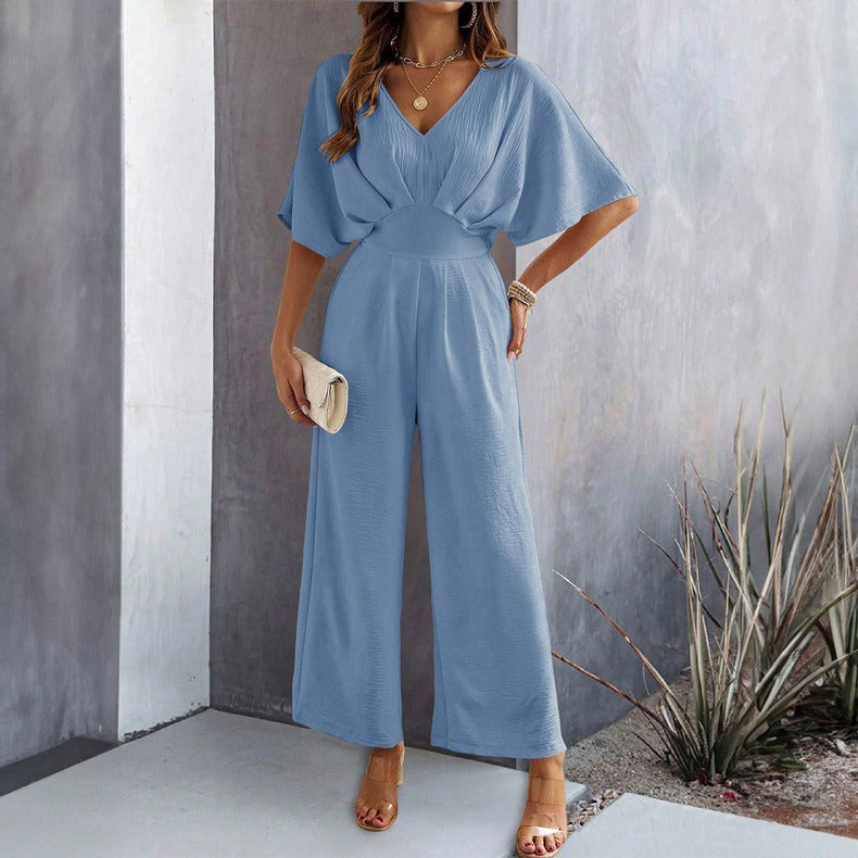 Spring and summer women's short sleeved solid color casual wide leg jumpsuit