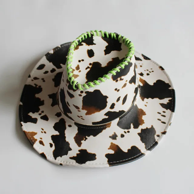 Hot Girl Fashion PU Leather Cow Dot Hat Pattern Panama Jazz Hat Western Cowboy Hat Lady Cute Retro Vacation Men Women Casual Cap