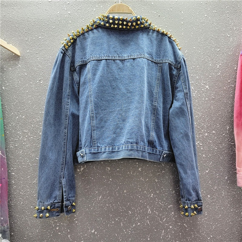 Heavy industry diamond studded sequined puff sleeve short denim jacket for women