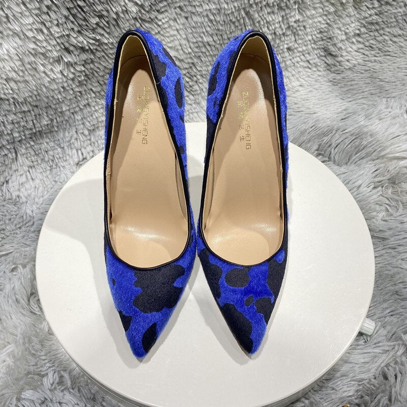 Tikicup Blue Cow Women Hairy Flock Pointy Toe High Heel Shoes Comfortable Elegant Ladies Formal Dress Slip On Stiletto Pumps