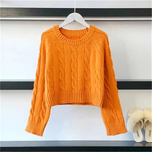 Autumn New Long Sleeve Short Knitwear Winter Women Jumper Green Korean Solid Casual Loose Warm Knitted Pullovers Women