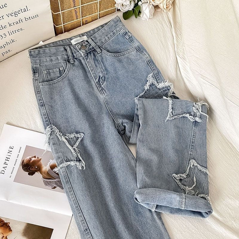 Straight tube star jeans, women's high waisted loose wide leg pants