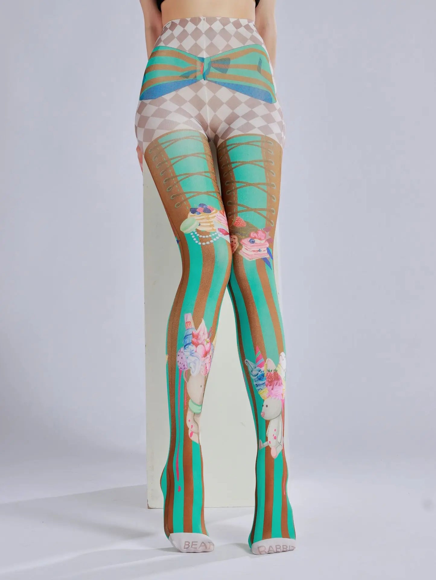 Cake ice cream printed pantyhose with striped checkered pattern as a base sock