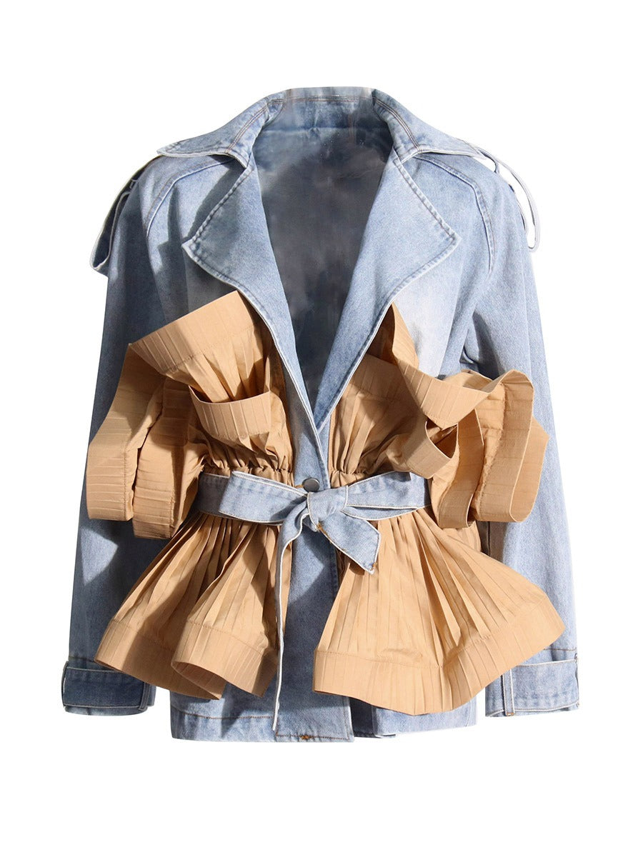 Commuting design with contrasting color patchwork and ruffled edge denim jacket for women