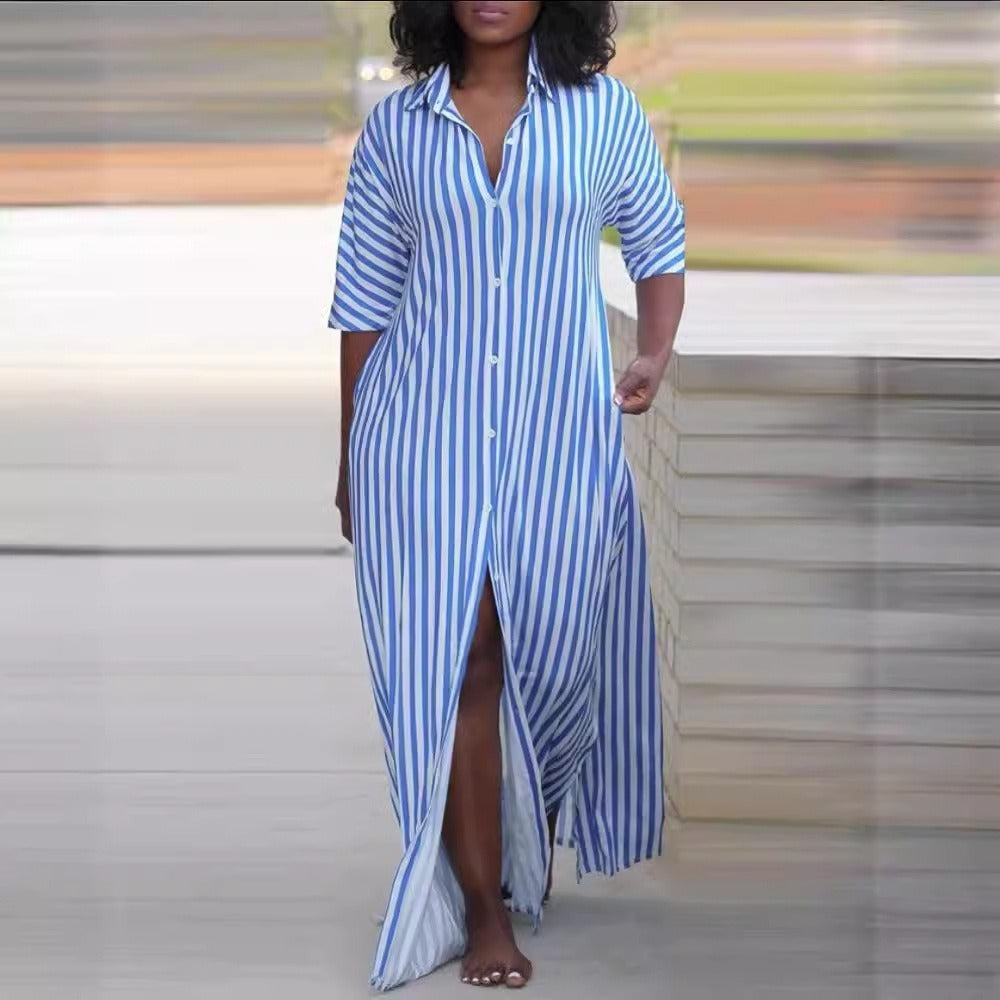 Summer fashion loose V-neck long striped shirt dress for women