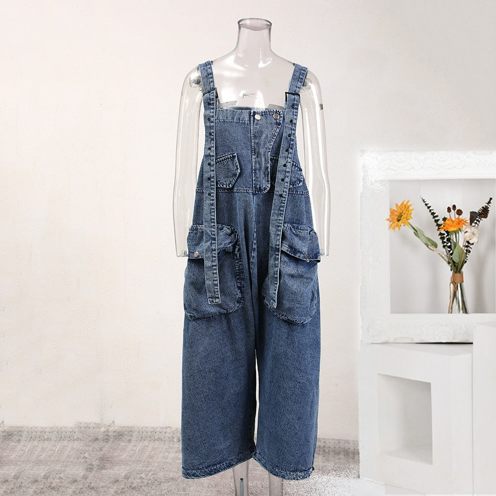 Large three-dimensional pocket silhouette denim shoulder strap pants for women's work clothes jumpsuit