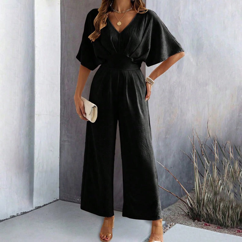 Spring and summer women's short sleeved solid color casual wide leg jumpsuit