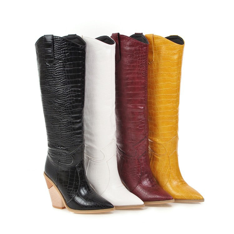 Fashion Knee High Boots Western Cowboy Boats for Women Long Winter Pointed Toe Cowgirl Wedges Motorcycle Booties Yellow Red